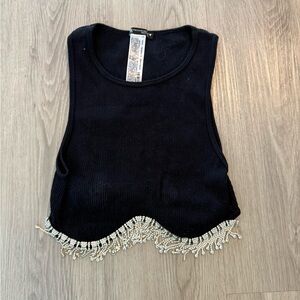 Black Sleeveless Kids Top with Beaded Fringe